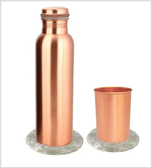 Pure Copper Bottle & Glass Set – 1 Plain Copper Bottle, 1 Glass with 2 Free Random Color Coasters | Ayurvedic Drinkware for Healthy Hydration | Eco-Friendly & Leak-Proof