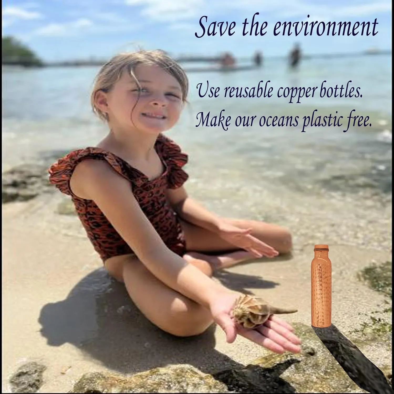 Pure Copper Water Bottle - Handcrafted - Ayurveda health benefits - Large 35 oz - Leak proof, Easy to carry for Sports, Fitness, Yoga, School - Natural Hammered Beaten Copper Finish