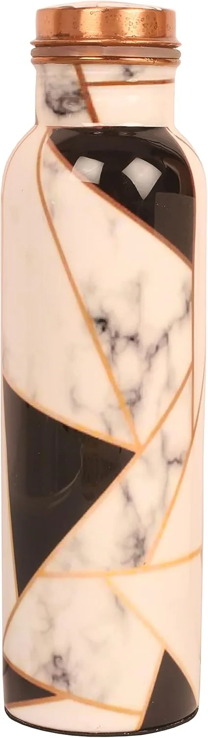 Pure Copper Water Bottle - Handcrafted - Ayurveda health benefits - Large 35 oz - Leak proof, Easy to carry for Sports, Fitness, Yoga, School- Royal Finish White Golden Black Mosaic Enamel