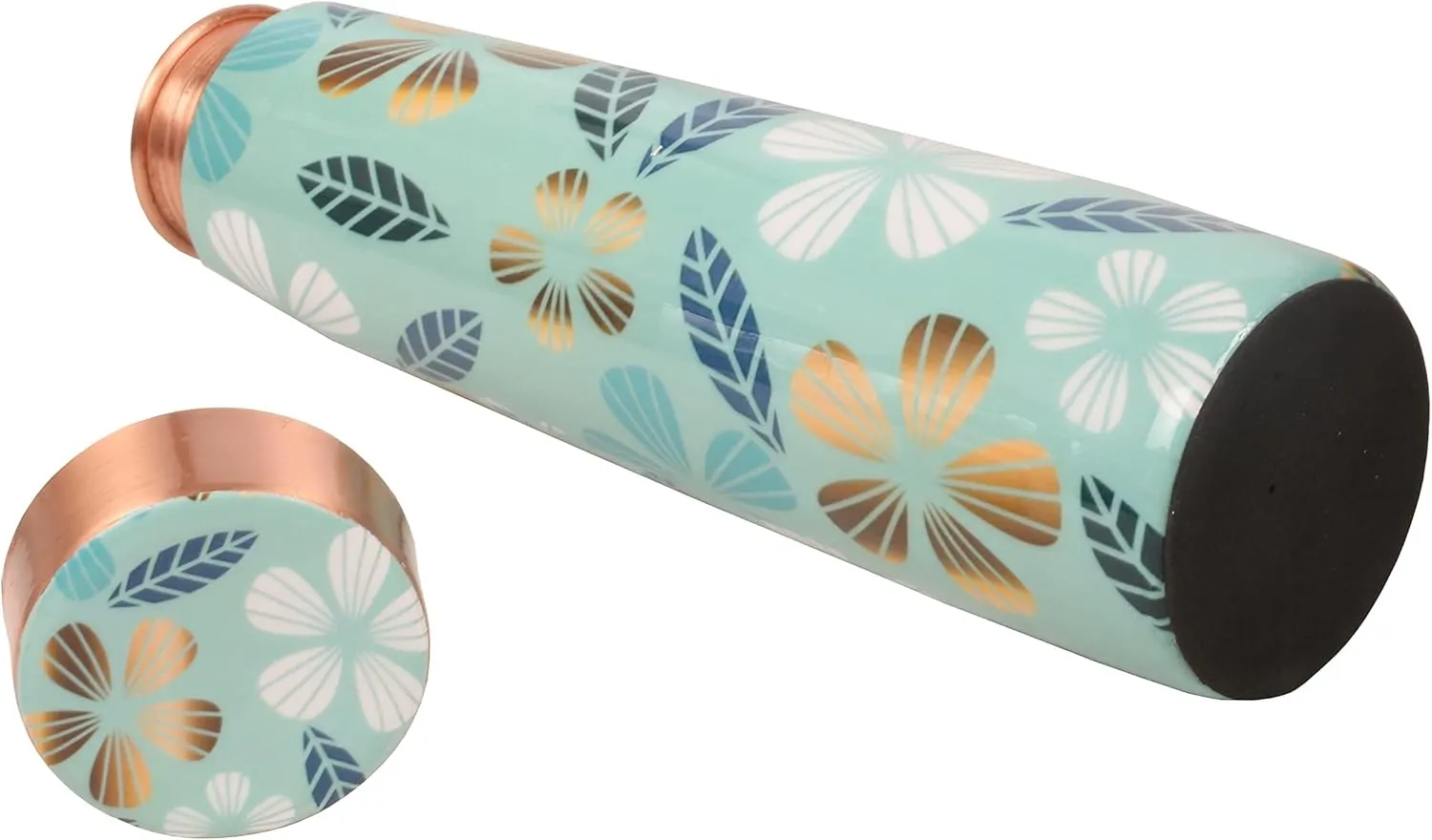 Pure Copper Water Bottle - Handcrafted - Ayurveda Health Benefits - Large 35 OZ - Leak proof - Easy to carry for Sports, Fitness, Yoga, School - Textured Arctic Blue Color Floral Pattern.