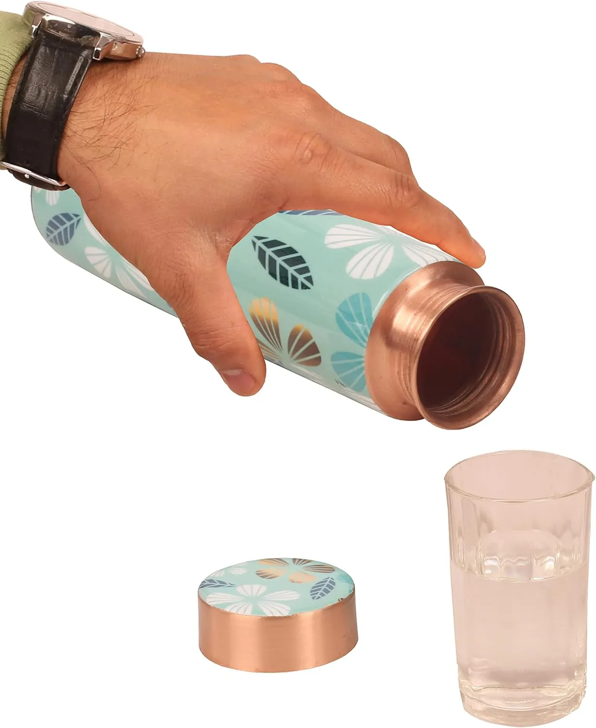 Pure Copper Water Bottle - Handcrafted - Ayurveda Health Benefits - Large 35 OZ - Leak proof - Easy to carry for Sports, Fitness, Yoga, School - Textured Arctic Blue Color Floral Pattern.