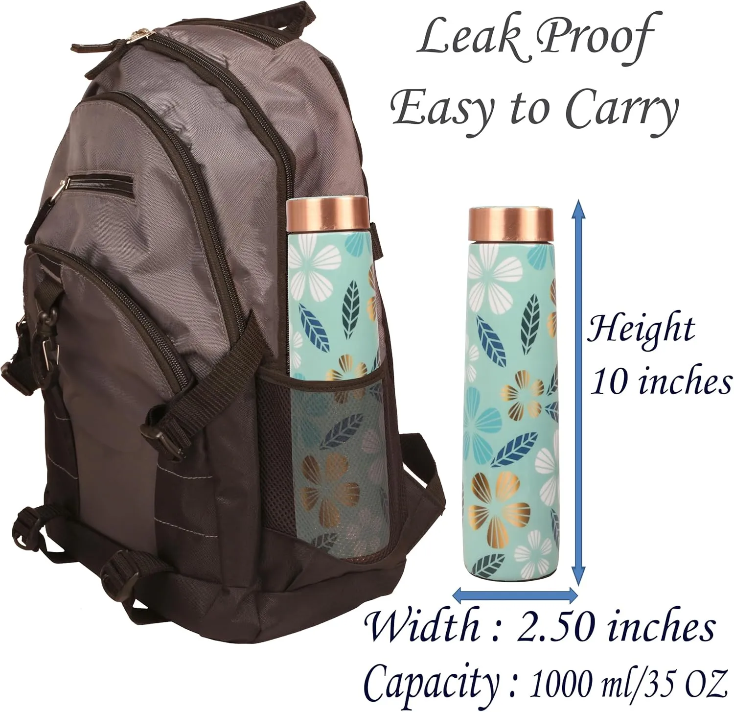 Pure Copper Water Bottle - Handcrafted - Ayurveda Health Benefits - Large 35 OZ - Leak proof - Easy to carry for Sports, Fitness, Yoga, School - Textured Arctic Blue Color Floral Pattern.