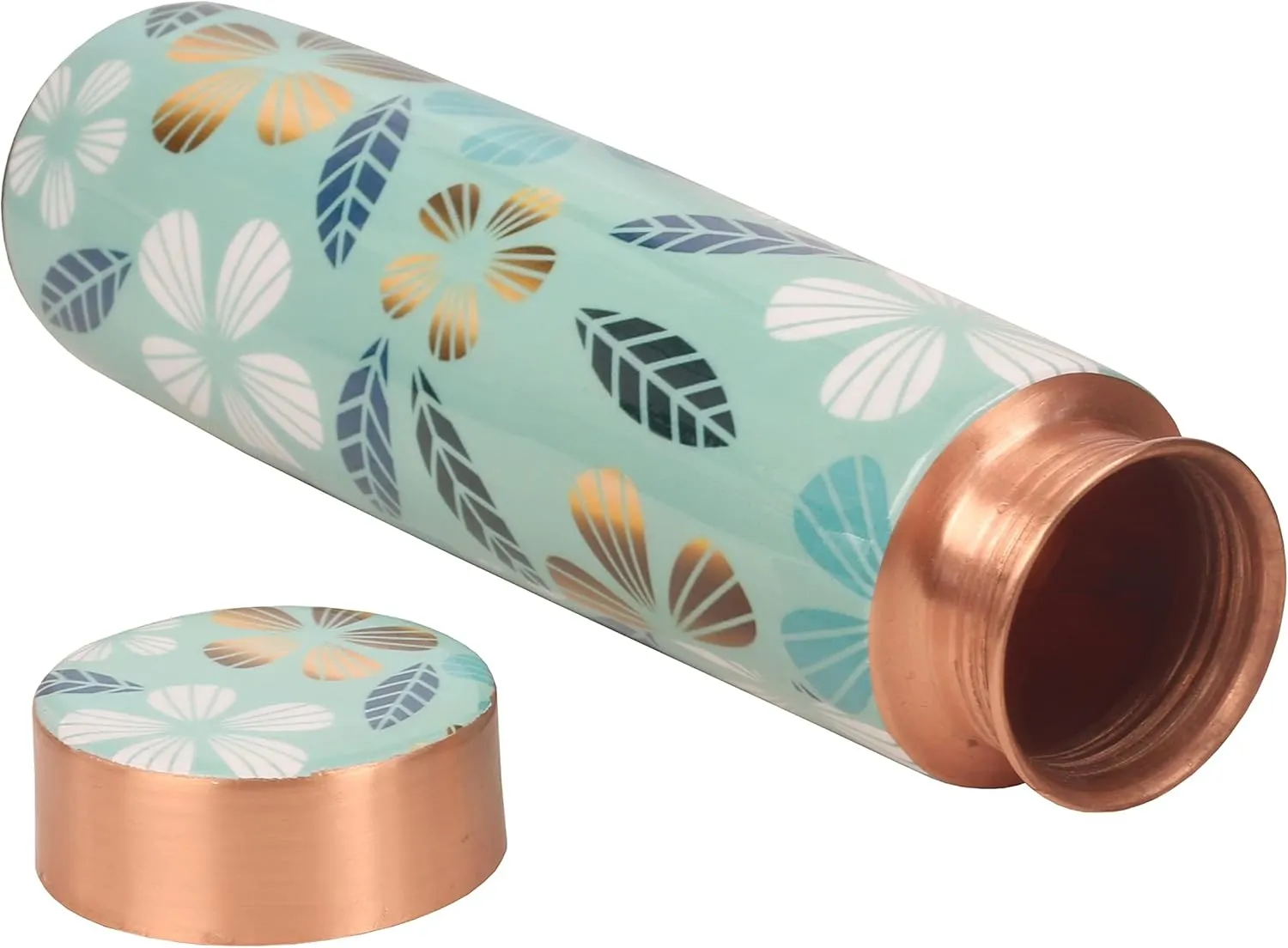 Pure Copper Water Bottle - Handcrafted - Ayurveda Health Benefits - Large 35 OZ - Leak proof - Easy to carry for Sports, Fitness, Yoga, School - Textured Arctic Blue Color Floral Pattern.