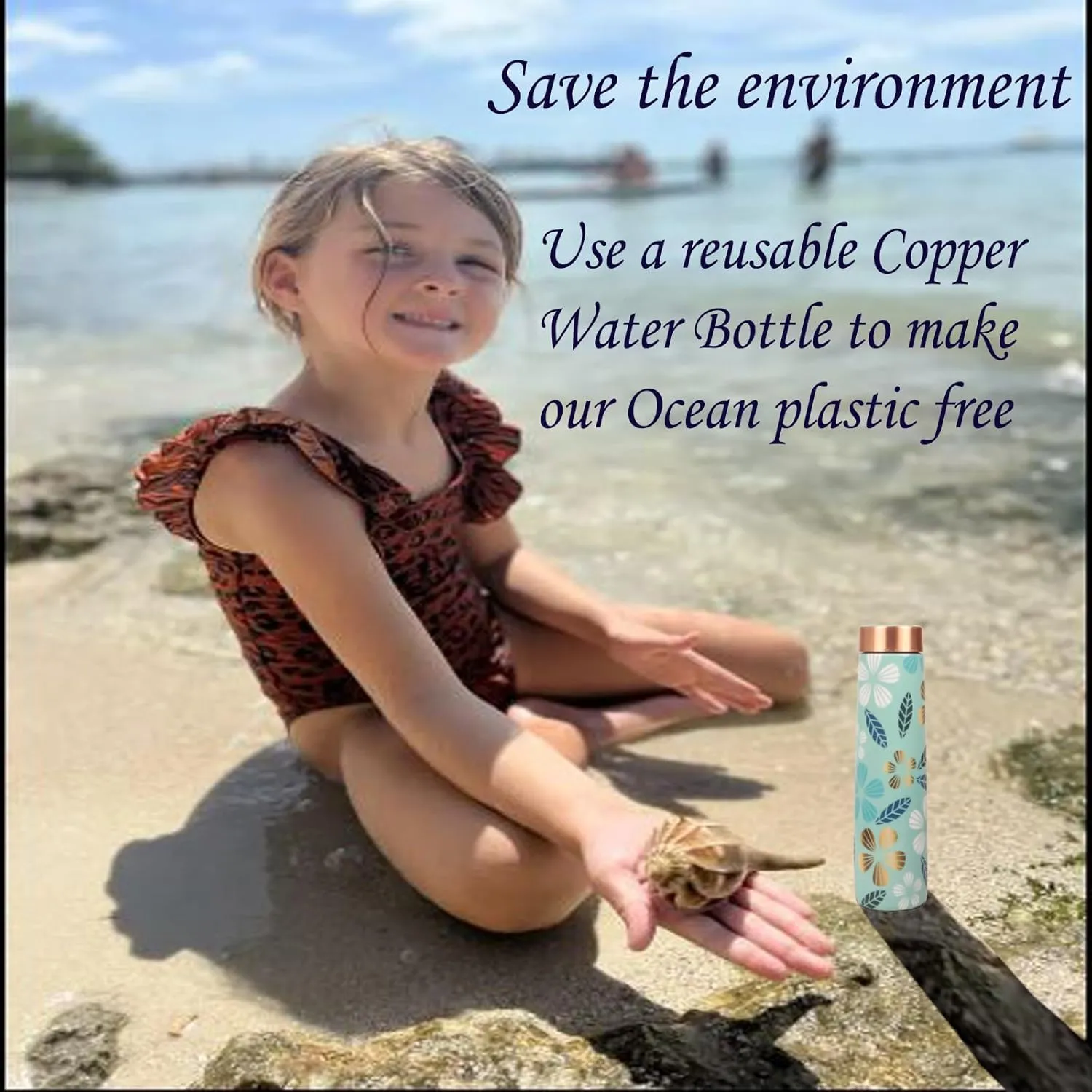 Pure Copper Water Bottle - Handcrafted - Ayurveda Health Benefits - Large 35 OZ - Leak proof - Easy to carry for Sports, Fitness, Yoga, School - Textured Arctic Blue Color Floral Pattern.