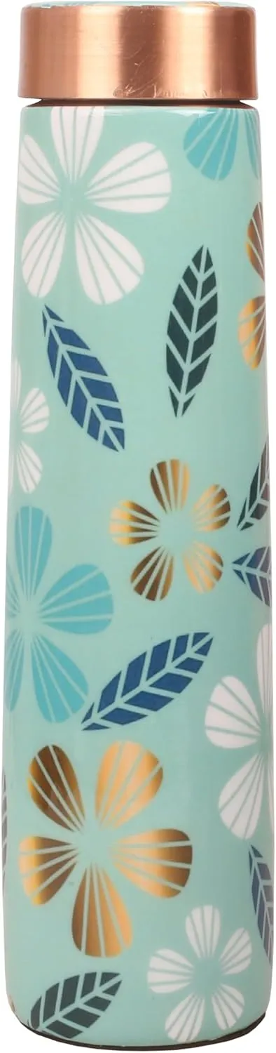 Pure Copper Water Bottle - Handcrafted - Ayurveda Health Benefits - Large 35 OZ - Leak proof - Easy to carry for Sports, Fitness, Yoga, School - Textured Arctic Blue Color Floral Pattern.