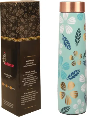 Pure Copper Water Bottle - Handcrafted - Ayurveda Health Benefits - Large 35 OZ - Leak proof - Easy to carry for Sports, Fitness, Yoga, School - Textured Arctic Blue Color Floral Pattern.