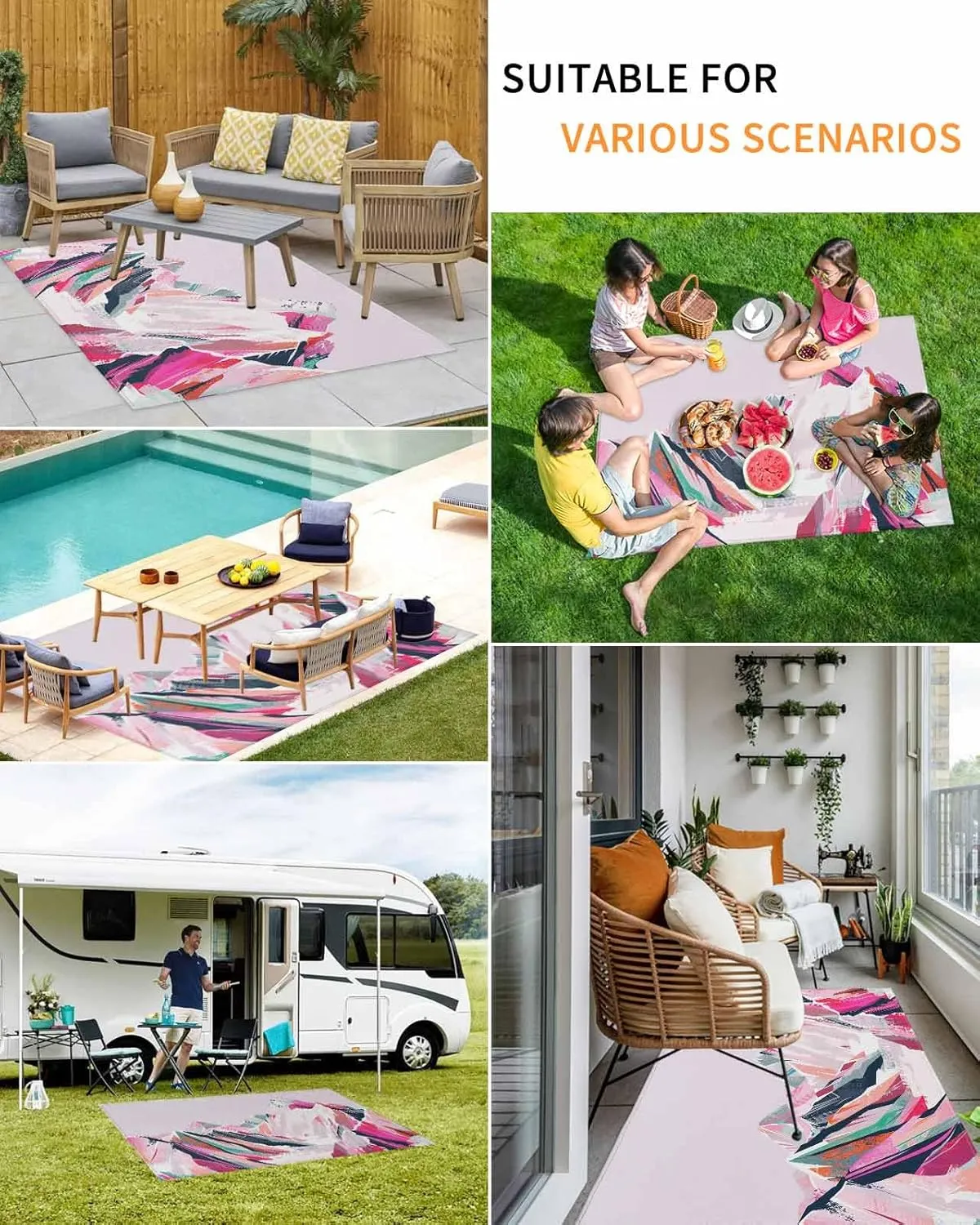 Purple Mountain Outdoor Rug for Patio 4x6ft,Non Slip Patio Mat Outdoor Carpet Camping Rugs Absorbent Washable Outdoor Area Rug for Deck RV Porch Front Picnic Abstract Pink Street Art Nature Wilderness