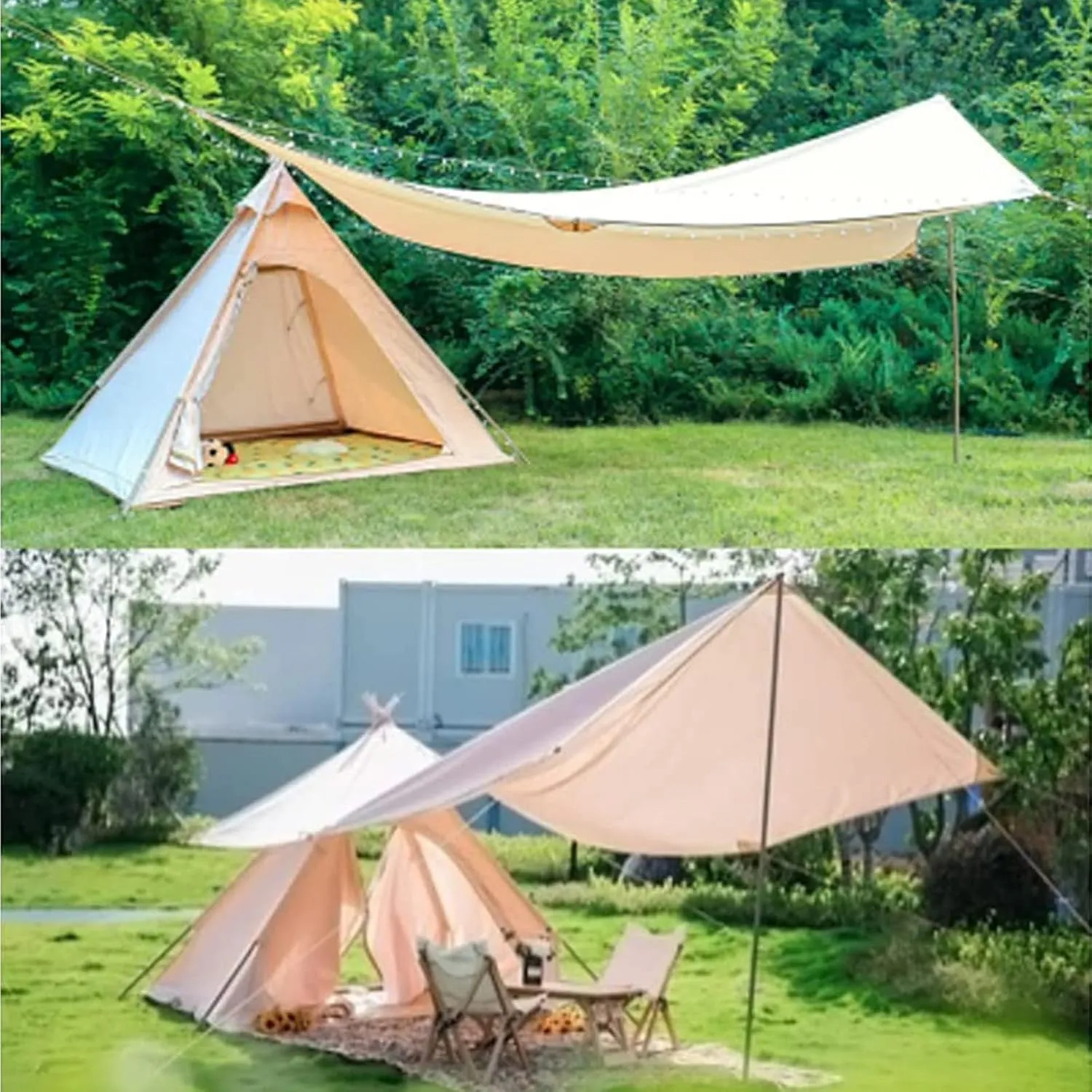 Pyramid Tent Indian Teepee Tents with Sun Shelter 3 4 People Family Tent Waterproof Outdoor Camping Cotton Tent Yurt Tent for Mountaineering Hiking Camping (3 * 4m Canopy Cotton)