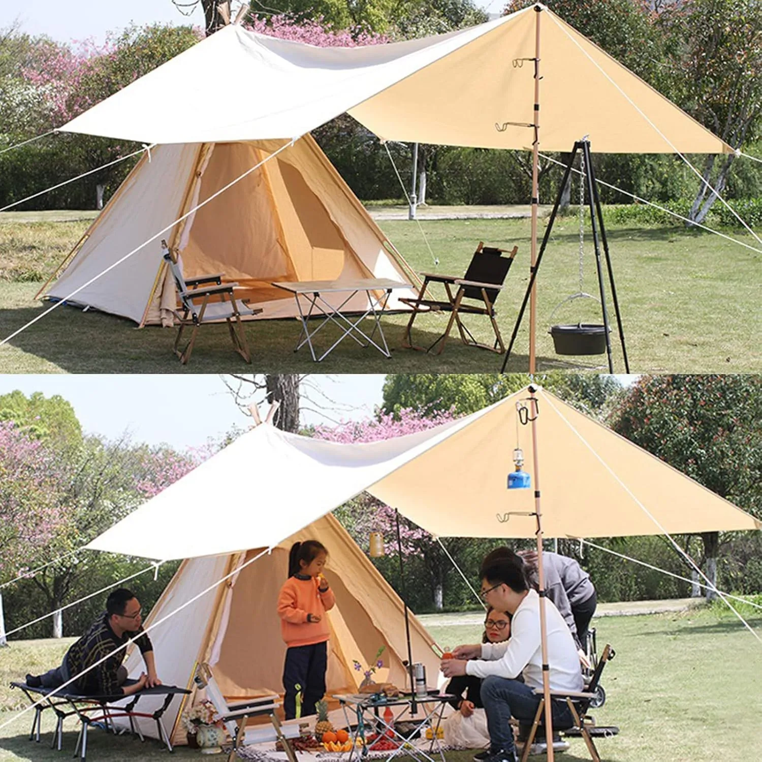 Pyramid Tent Indian Teepee Tents with Sun Shelter 3 4 People Family Tent Waterproof Outdoor Camping Cotton Tent Yurt Tent for Mountaineering Hiking Camping (3 * 4m Canopy Cotton)