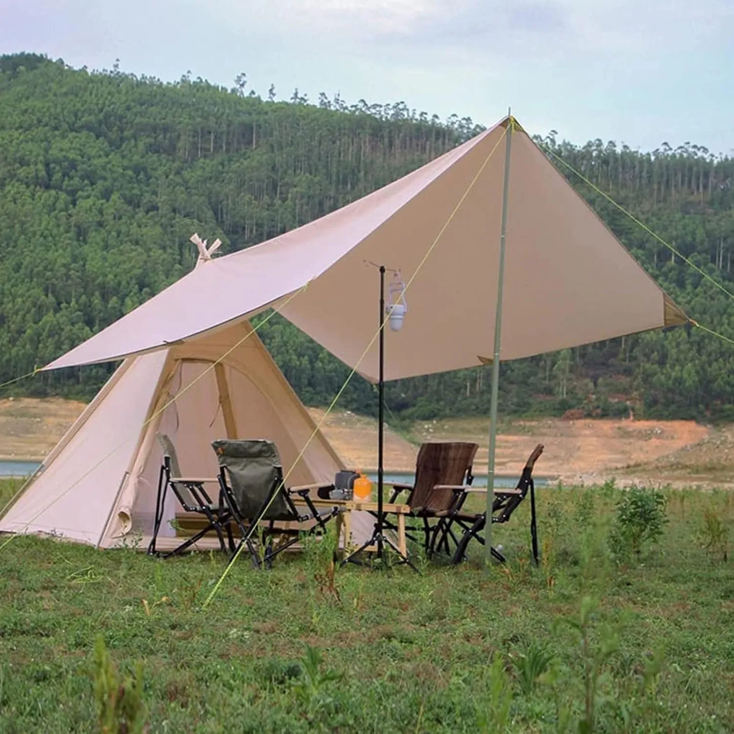 Pyramid Tent Indian Teepee Tents with Sun Shelter 3 4 People Family Tent Waterproof Outdoor Camping Cotton Tent Yurt Tent for Mountaineering Hiking Camping (3 * 4m Canopy Cotton)