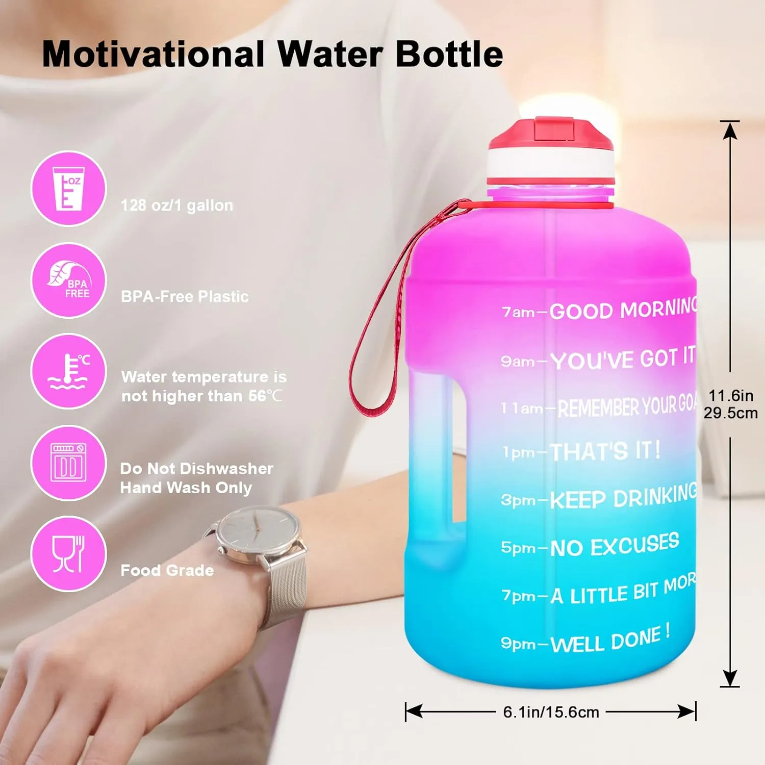 QuiFit Motivational Gallon Water Bottle - with Straw & Time Marker BPA Free Large Reusable Sport Water Jug with Handle for Fitness Outdoor Enthusiasts Leak-Proof