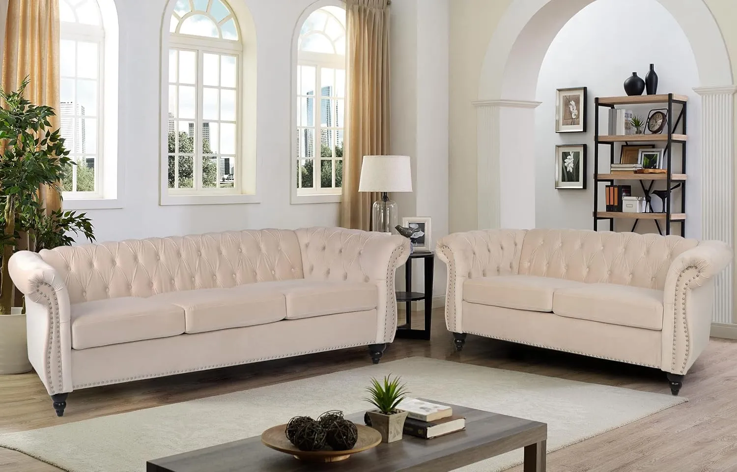 RARZOE 3 Pieces of Living Room Furniture Sofa Sets, Modern Velvet Chesterfield Sofa&Chesterfield Club Chair&Chesterfield Loveseat Sofas Set with Nailhead Trims Scroll Arms for Living Room (Beige)
