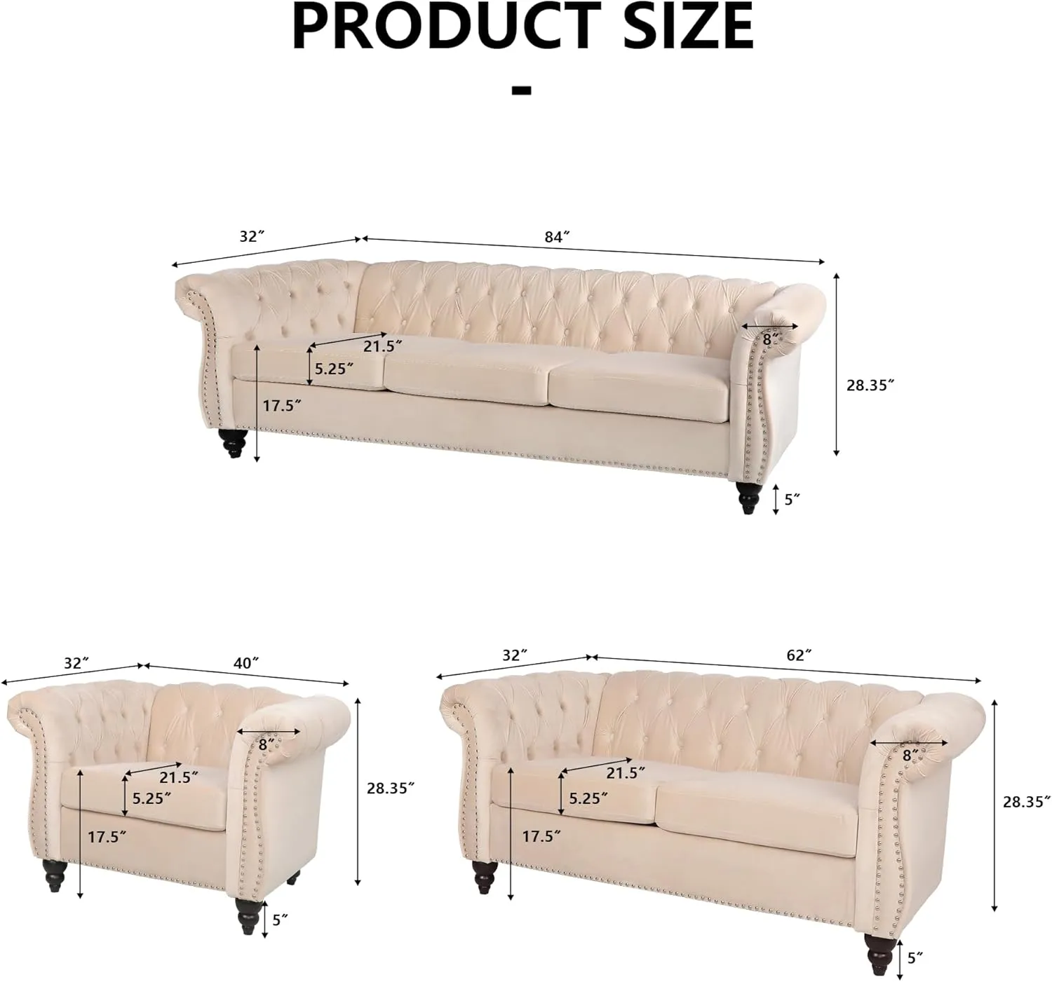 RARZOE 3 Pieces of Living Room Furniture Sofa Sets, Modern Velvet Chesterfield Sofa&Chesterfield Club Chair&Chesterfield Loveseat Sofas Set with Nailhead Trims Scroll Arms for Living Room (Beige)