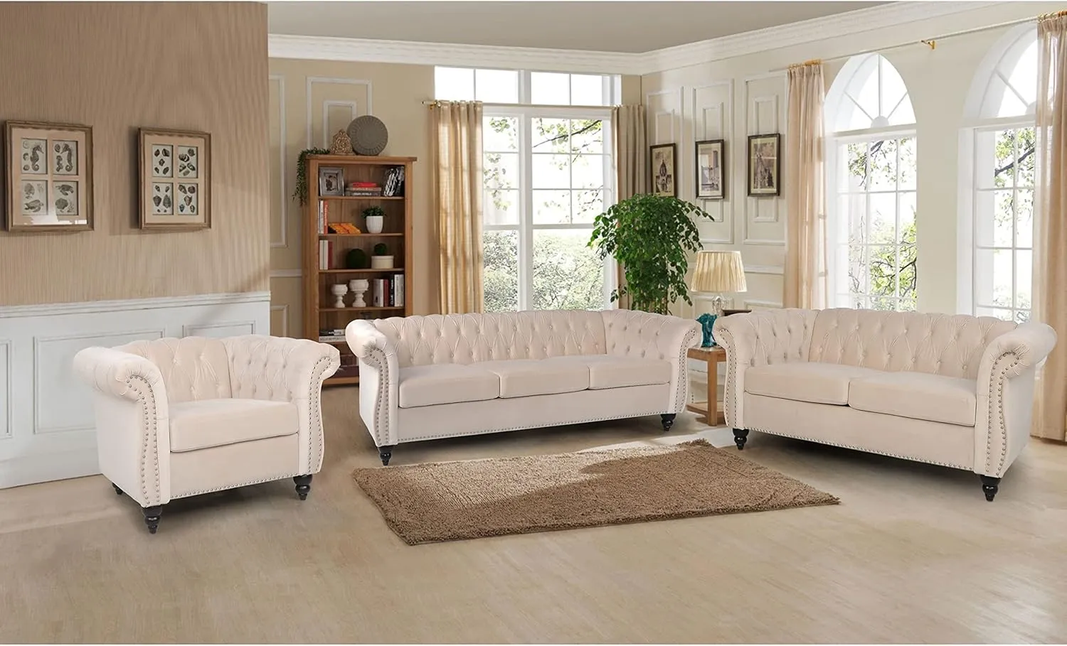 RARZOE 3 Pieces of Living Room Furniture Sofa Sets, Modern Velvet Chesterfield Sofa&Chesterfield Club Chair&Chesterfield Loveseat Sofas Set with Nailhead Trims Scroll Arms for Living Room (Beige)