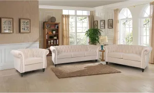 RARZOE 3 Pieces of Living Room Furniture Sofa Sets, Modern Velvet Chesterfield Sofa&Chesterfield Club Chair&Chesterfield Loveseat Sofas Set with Nailhead Trims Scroll Arms for Living Room (Beige)