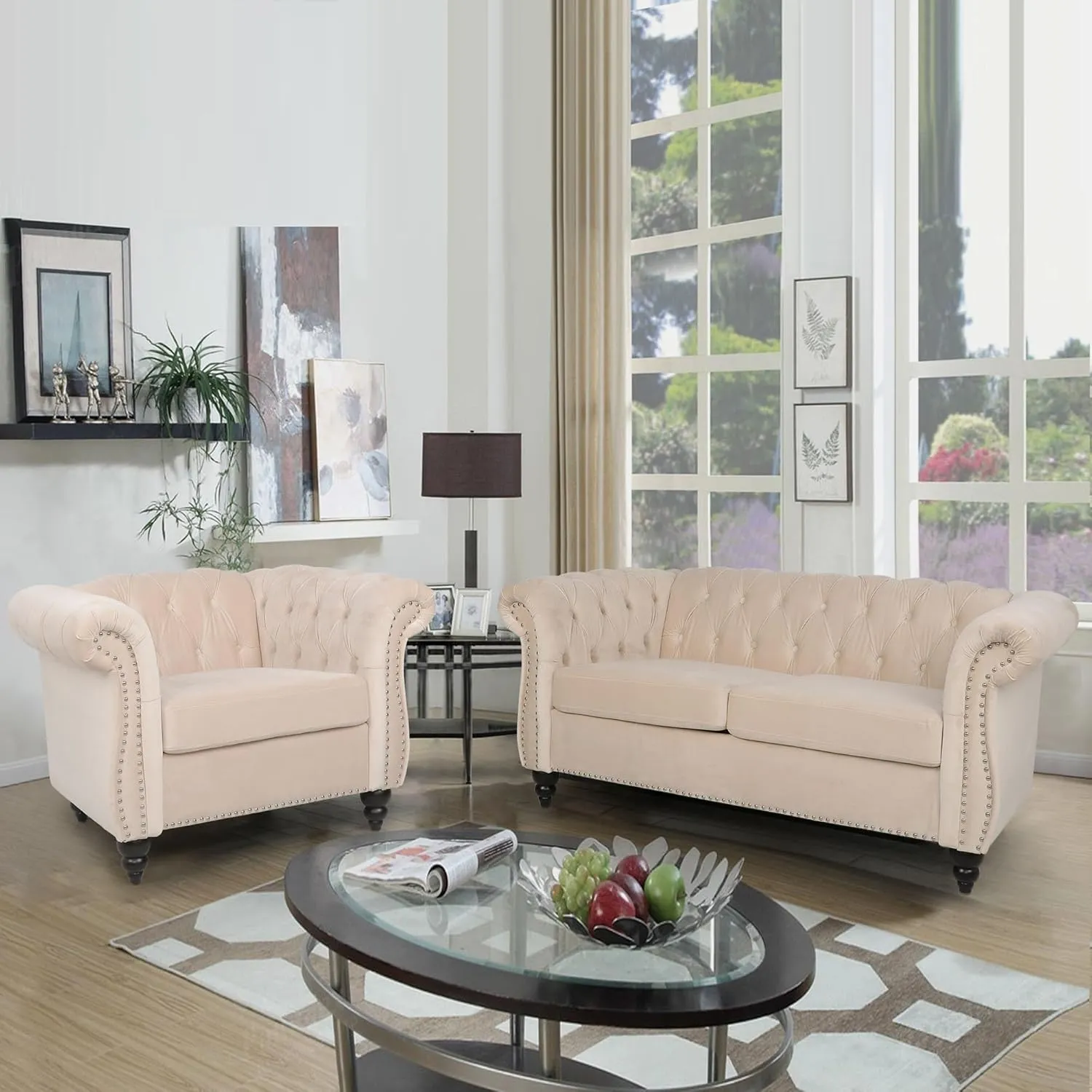 RARZOE 3 Pieces of Living Room Furniture Sofa Sets, Modern Velvet Chesterfield Sofa&Chesterfield Club Chair&Chesterfield Loveseat Sofas Set with Nailhead Trims Scroll Arms for Living Room (Beige)