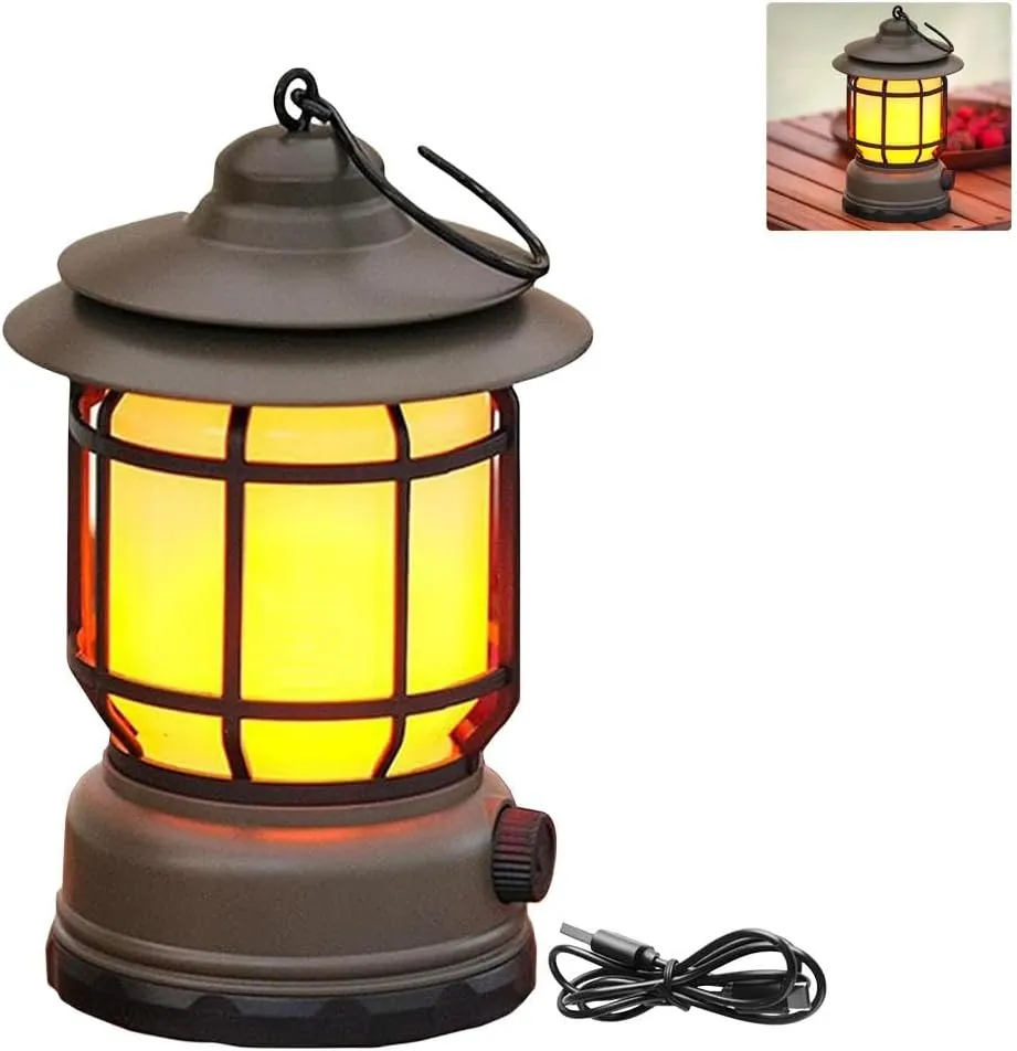 Rechargeable Camping Lantern, Flame Decorative Table Lamp, 3 Modes LED Light with Hook,Portable Waterproof Camping Light for Indoor/Outdoor Use