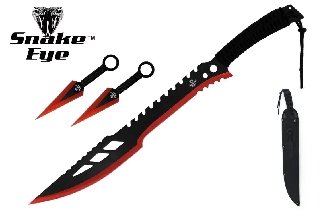 RED MACHETE WITH 2PC KUNAI SET