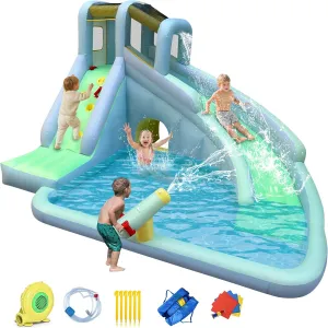 RETRO JUMP Bounce House,Inflatable Water Slide for Kids,6 in 1 Waterslide for Indoor Outdoor,Inflatable Water Park with Large Slide,Climbing Wall,Splash Pool,Water Cannon,Blower for Backyard Party
