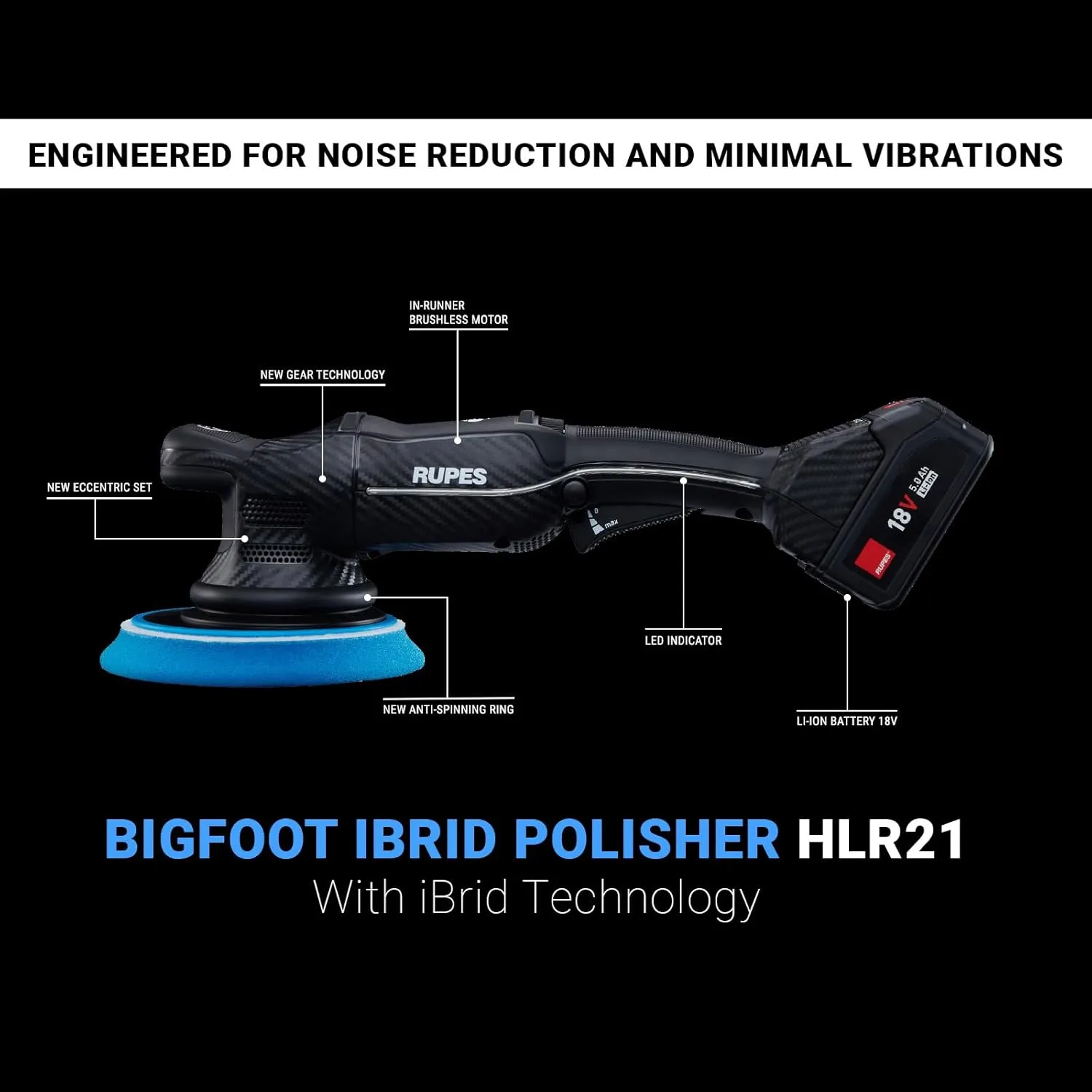 RUPES HLR21 BigFoot iBrid Random Orbital Polisher Basic Kit - Includes Dual Charger, 2 Batteries, D-A Series High Performance Polishing Pads & Compounds