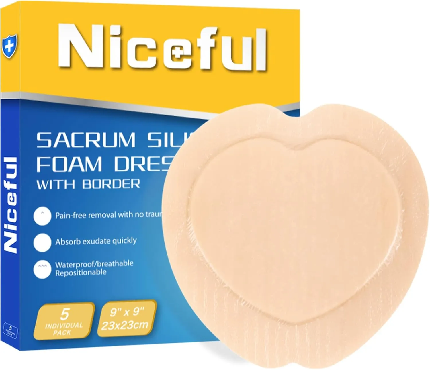 Sacral Foam Dressing 9"x9" - Border Sacrum Bandage for Bed Sores Pressure, Silicone Adhesive Wound Dressing Pads for Large Wound, HSA FSA Eligible, 5 Pcs