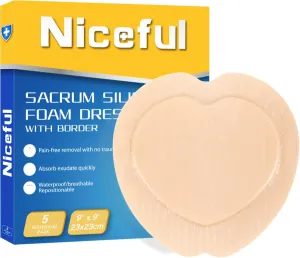 Sacral Foam Dressing 9"x9" - Border Sacrum Bandage for Bed Sores Pressure, Silicone Adhesive Wound Dressing Pads for Large Wound, HSA FSA Eligible, 5 Pcs