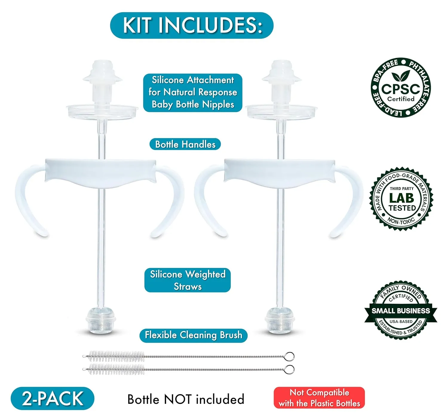 Self-Feeding Kit for Philips Avent Natural Baby Bottles 2-Count, Weighted Straw Attachment for Natural Response Nipples with Bottle Handles and Cleaning Brush, 4  Months (for Plastic Bottles)