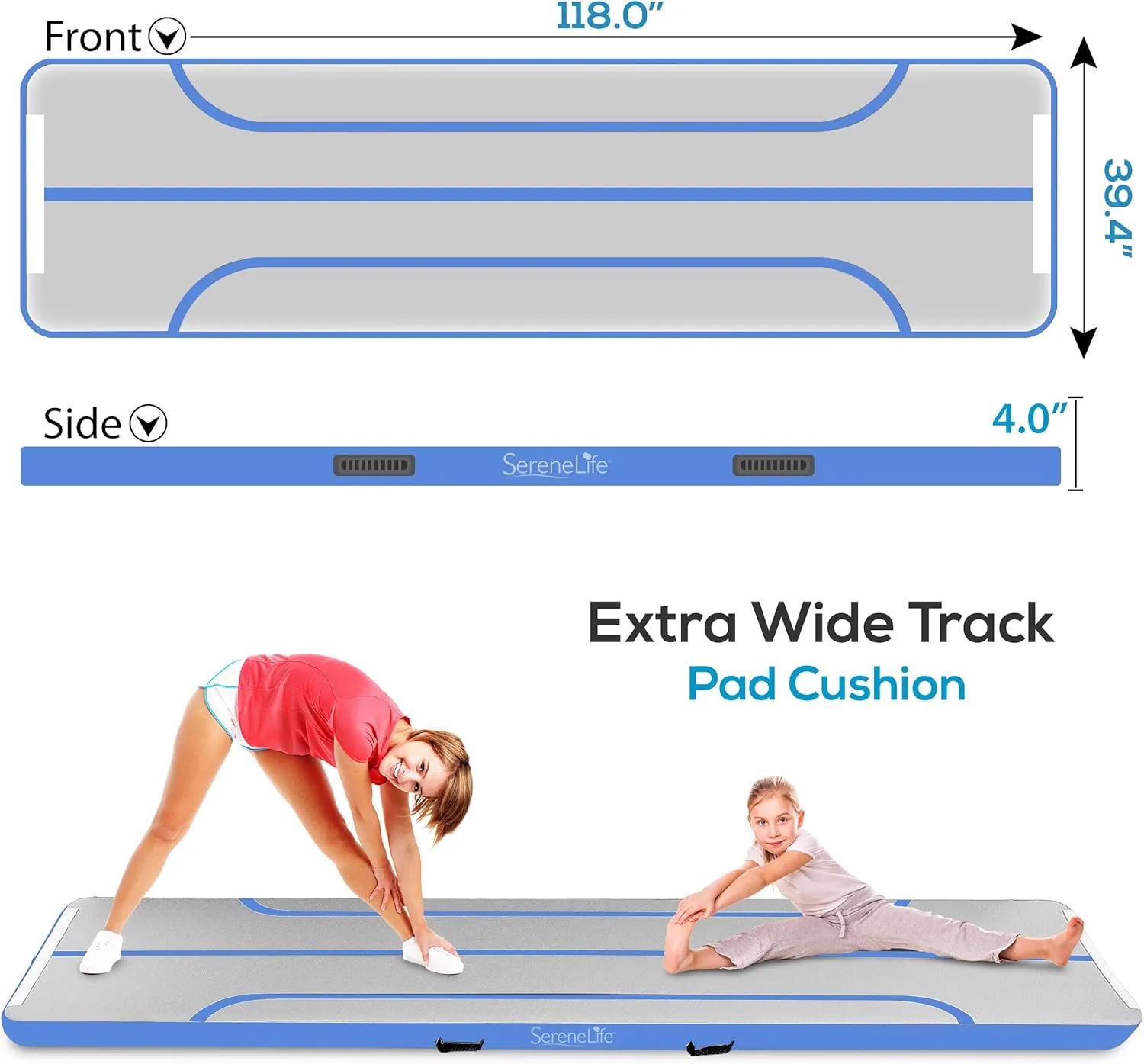 SereneLife Gymnastics Inflatable Air Tumbling Floor Mat Floating Water Mat 10FT, 4in Thickness for Outdoor/Home Indoor Use Tumbling, Training, Cheerleading, Yoga, Water with Electric Air Pump