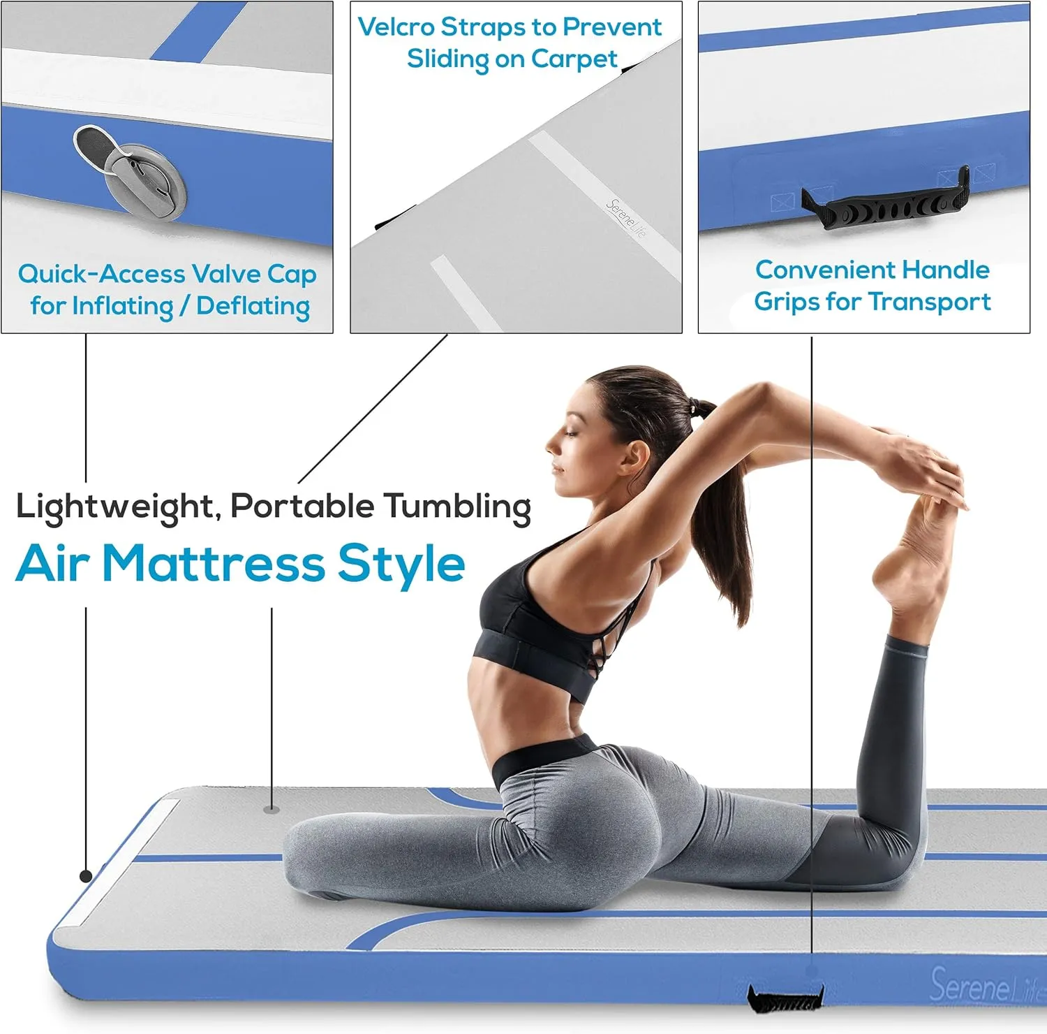 SereneLife Gymnastics Inflatable Air Tumbling Floor Mat Floating Water Mat 10FT, 4in Thickness for Outdoor/Home Indoor Use Tumbling, Training, Cheerleading, Yoga, Water with Electric Air Pump