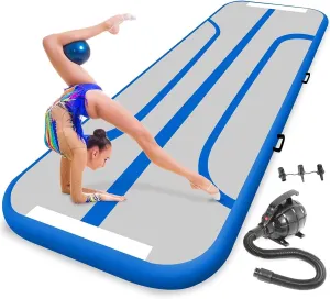 SereneLife Gymnastics Inflatable Air Tumbling Floor Mat Floating Water Mat 10FT, 4in Thickness for Outdoor/Home Indoor Use Tumbling, Training, Cheerleading, Yoga, Water with Electric Air Pump