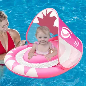 Shark Shape Baby Swimming Pool Float Ring with Removable Sun Canopy Safety Seat, Newest Inflatable Babies Spring Floatie Double Airbag Swim Trainer Newborn Infant Toddler, 6-36 Months