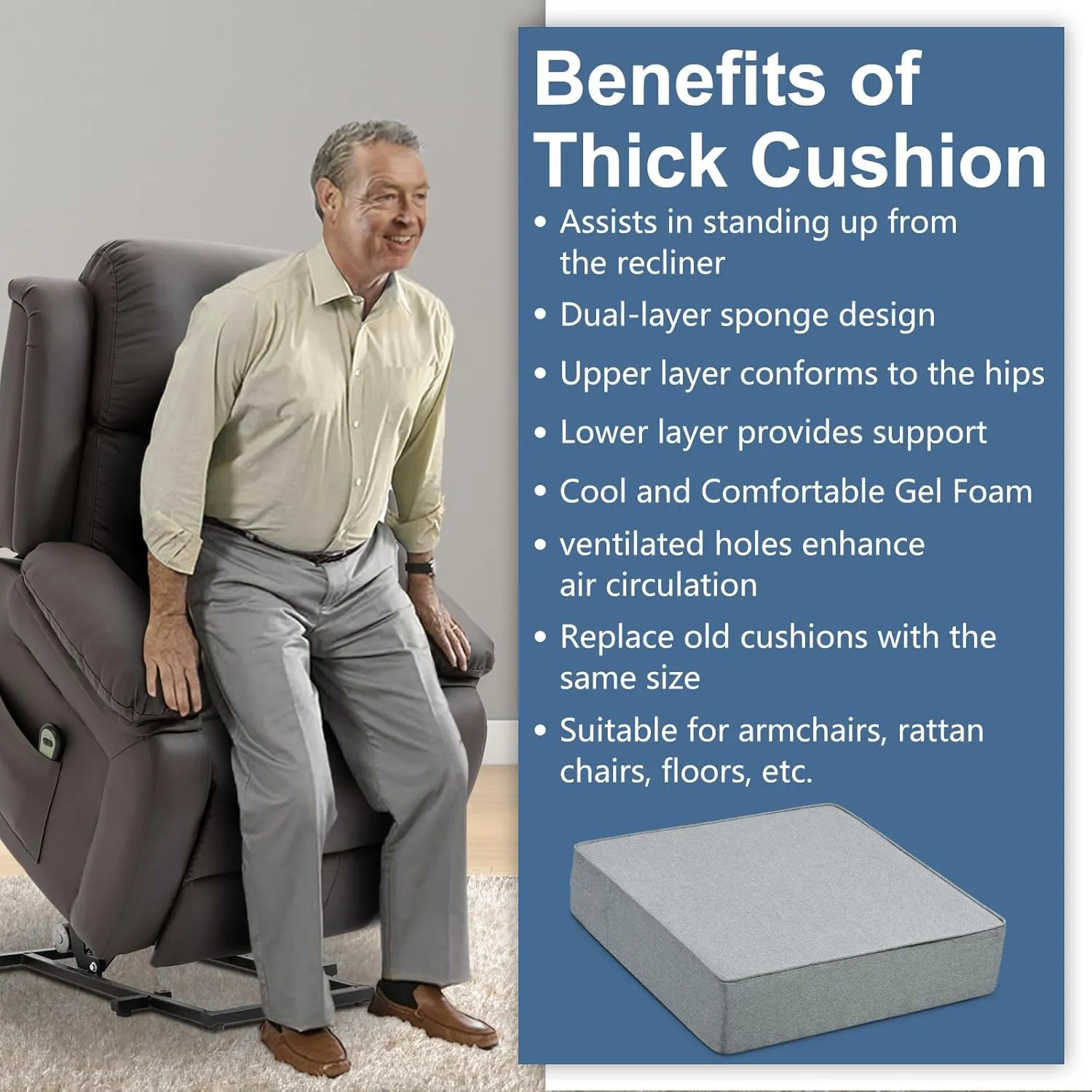 Shinnwa Gel Memory Foam Recliner Cushion for Elderly, Extra Large Seat Cushion, Dual-Layer Foam Chair Pad for Couch, Armchair, Wicker Chairs, Floor, 20 × 20 × 5in, Light Gray