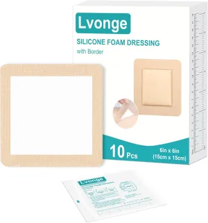 Silicone Foam Dressing with Border 6"x6", Waterproof Absorbent Wound Dressing Bandages for Wound Care,10 Pack Wound Silicone Large Bandages, FSA HSA Eligible