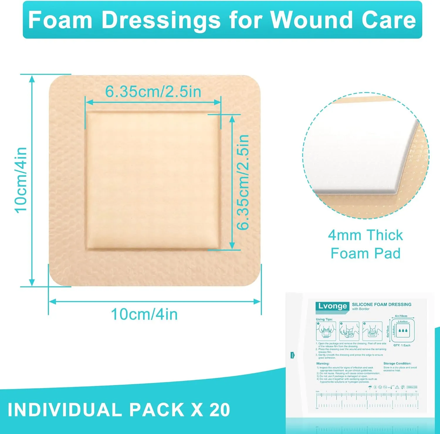 Silicone Foam Dressing with Gentle Border 20 Pack-4"x4" Wound Dressing Highly Absorbent Large Waterproof Bandages for Wounds Care, Leg Ulcers, Pressure Ulcers, Bedsores, FSA HSA Eligible
