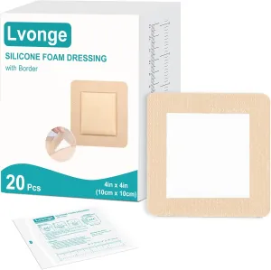Silicone Foam Dressing with Gentle Border 20 Pack-4"x4" Wound Dressing Highly Absorbent Large Waterproof Bandages for Wounds Care, Leg Ulcers, Pressure Ulcers, Bedsores, FSA HSA Eligible