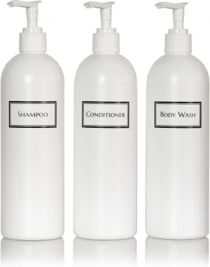 Silkscreened Empty Shower Bottle Set for Shampoo, Conditioner, and Body Wash, Cosmo/Bullet 16 oz 3-Pack, White (White Pumps)