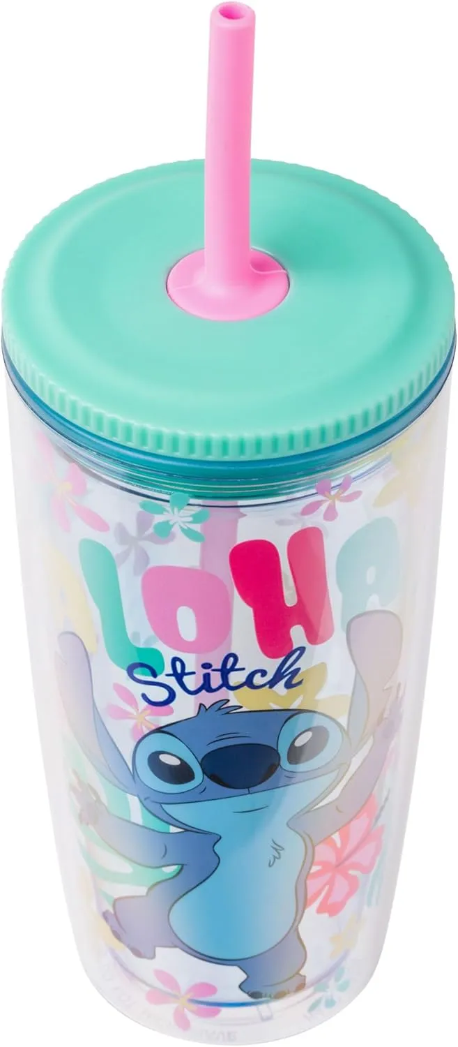 Silver Buffalo Disney Lilo and Stitch “Aloha” Spill Resistant Plastic Tumbler, 20 Ounces