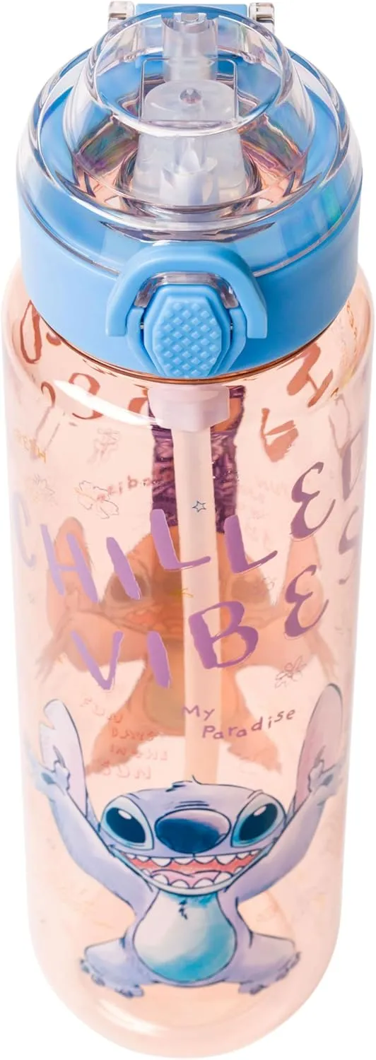 Silver Buffalo Disney Lilo and Stitch Chilled Vibes Plastic Water Bottle with Locking Lid, Strap, and Straw, 33 Ounces
