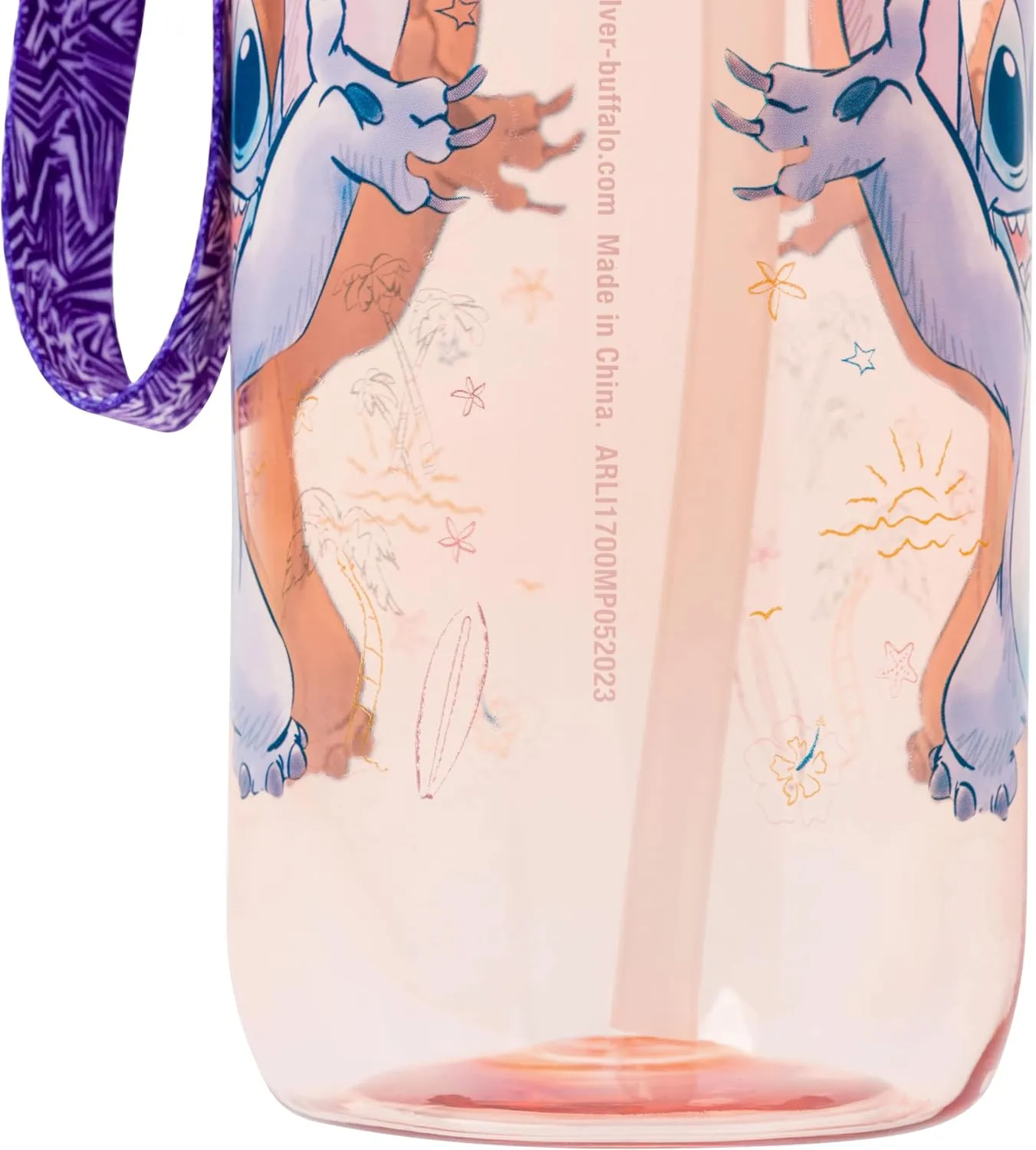 Silver Buffalo Disney Lilo and Stitch Chilled Vibes Plastic Water Bottle with Locking Lid, Strap, and Straw, 33 Ounces