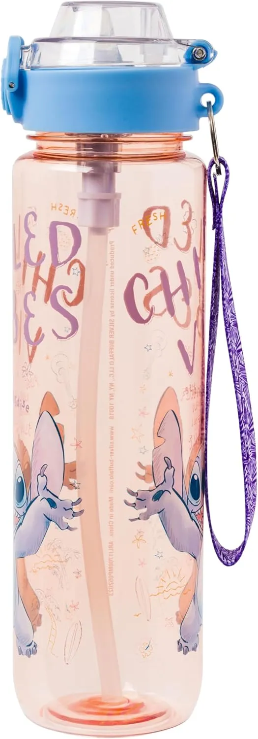 Silver Buffalo Disney Lilo and Stitch Chilled Vibes Plastic Water Bottle with Locking Lid, Strap, and Straw, 33 Ounces
