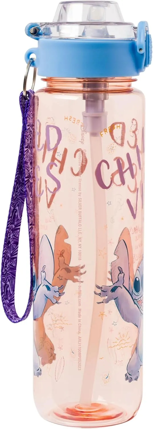 Silver Buffalo Disney Lilo and Stitch Chilled Vibes Plastic Water Bottle with Locking Lid, Strap, and Straw, 33 Ounces
