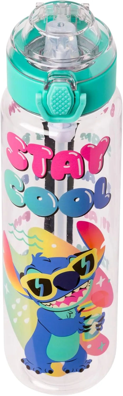 Silver Buffalo Disney Lilo and Stitch Stay Cool Hydration Tracker Schedule Plastic Water Bottle With Locking Lid, Strap, and Straw, 33 Ounces