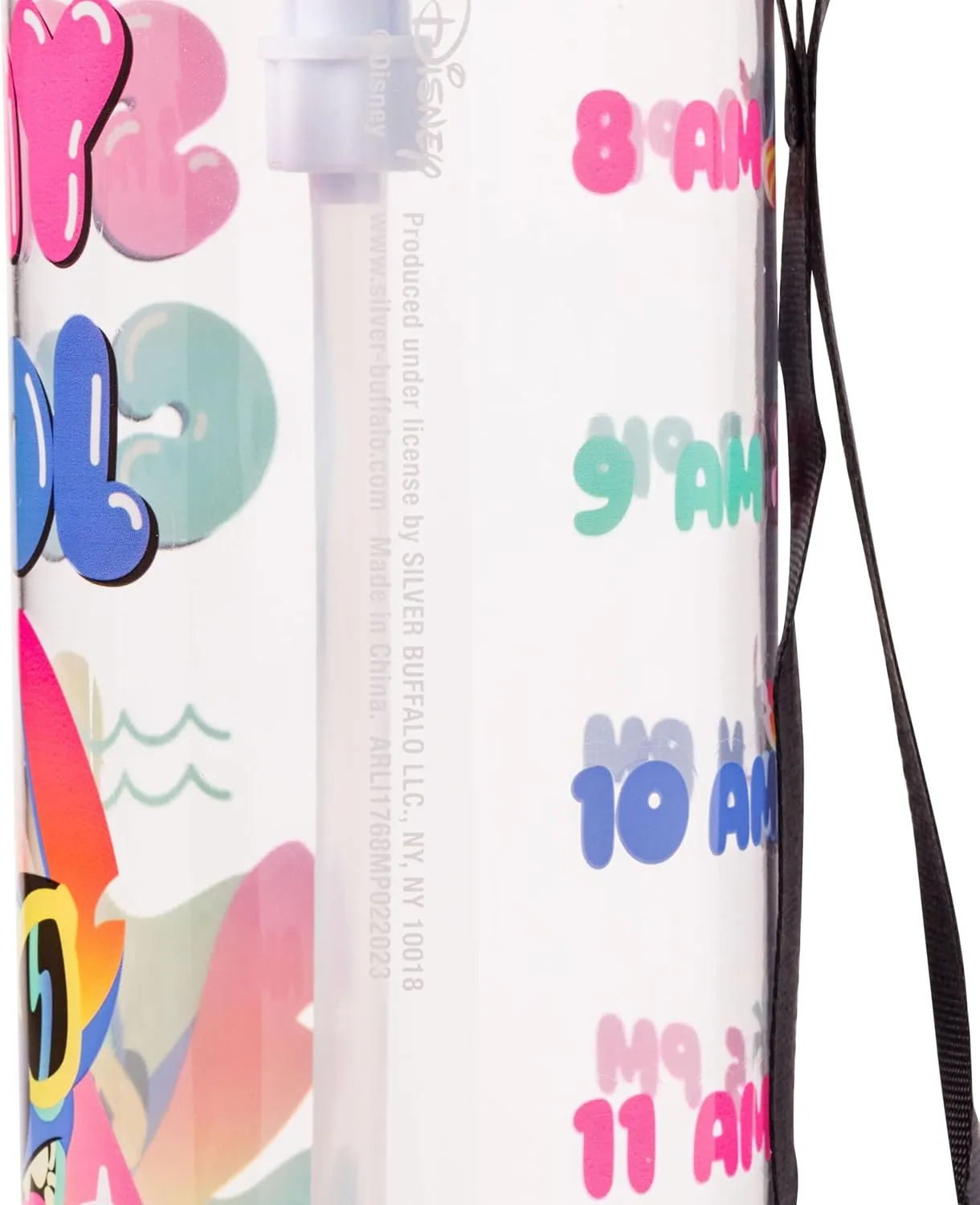 Silver Buffalo Disney Lilo and Stitch Stay Cool Hydration Tracker Schedule Plastic Water Bottle With Locking Lid, Strap, and Straw, 33 Ounces