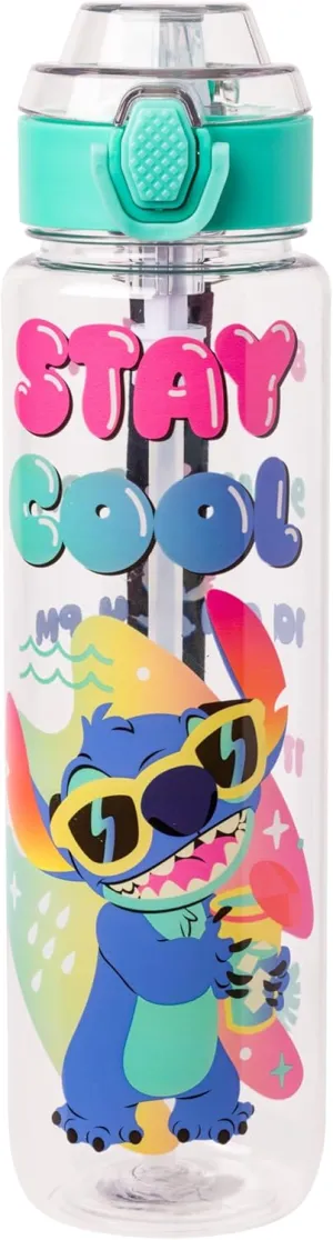Silver Buffalo Disney Lilo and Stitch Stay Cool Hydration Tracker Schedule Plastic Water Bottle With Locking Lid, Strap, and Straw, 33 Ounces
