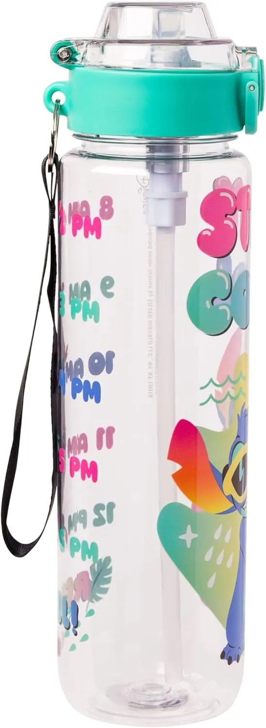 Silver Buffalo Disney Lilo and Stitch Stay Cool Hydration Tracker Schedule Plastic Water Bottle With Locking Lid, Strap, and Straw, 33 Ounces