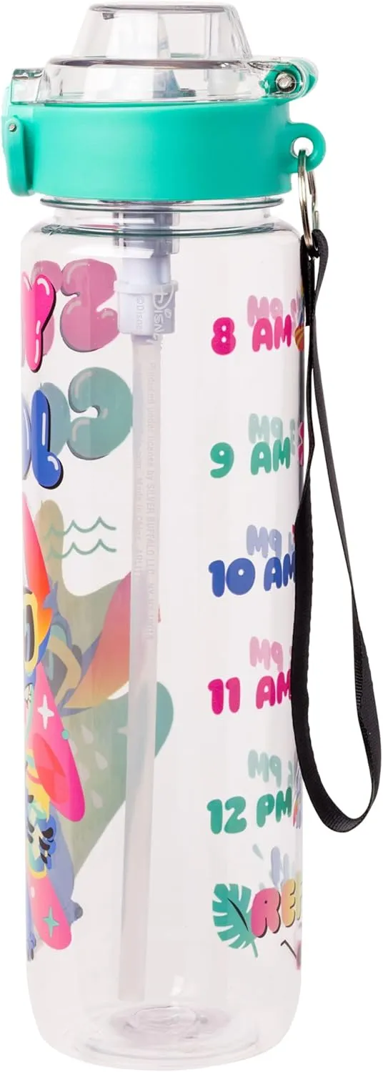 Silver Buffalo Disney Lilo and Stitch Stay Cool Hydration Tracker Schedule Plastic Water Bottle With Locking Lid, Strap, and Straw, 33 Ounces