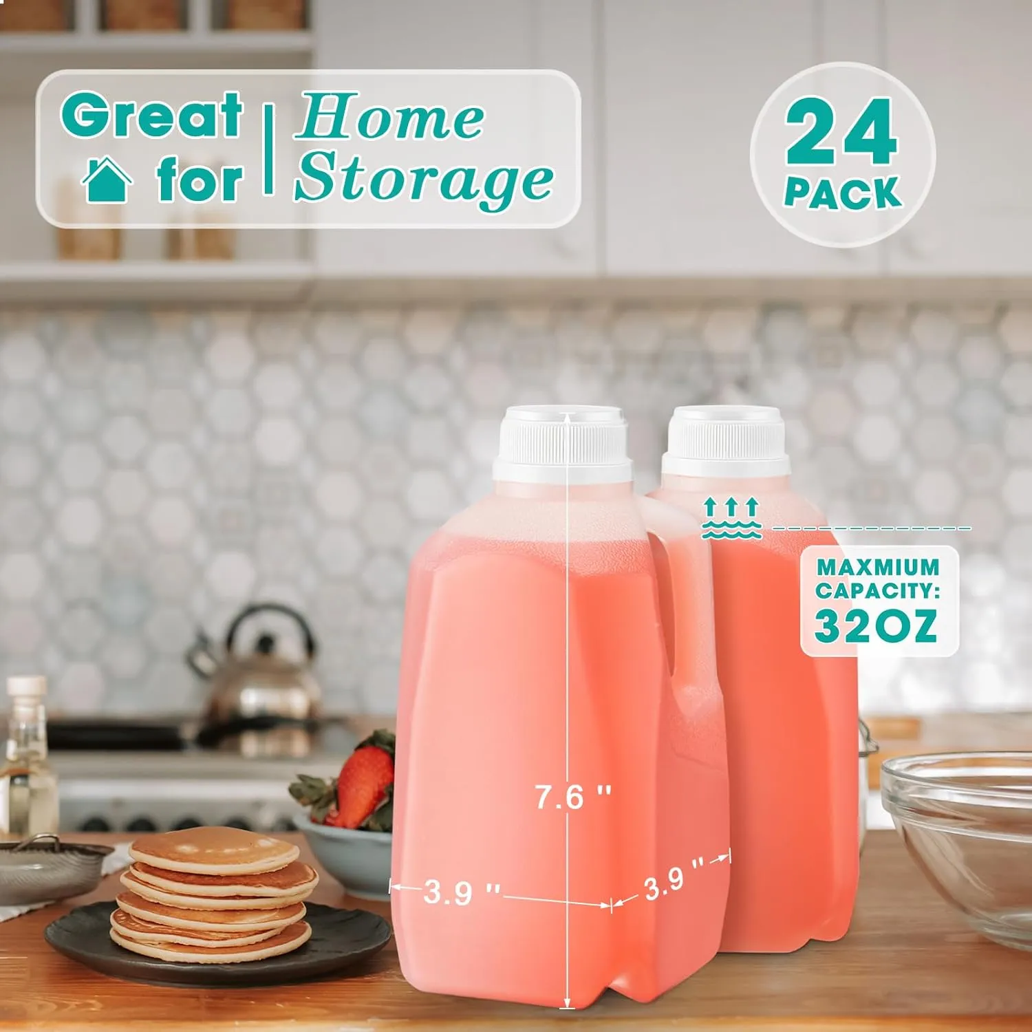 Skylety 24 Pack Mini Milk Jugs Plastic Gallon Jugs with Caps Water Juice Empty HDPE Soda Bottles Gallon Containers for Liquids Smoothies Tea(32 oz,White)