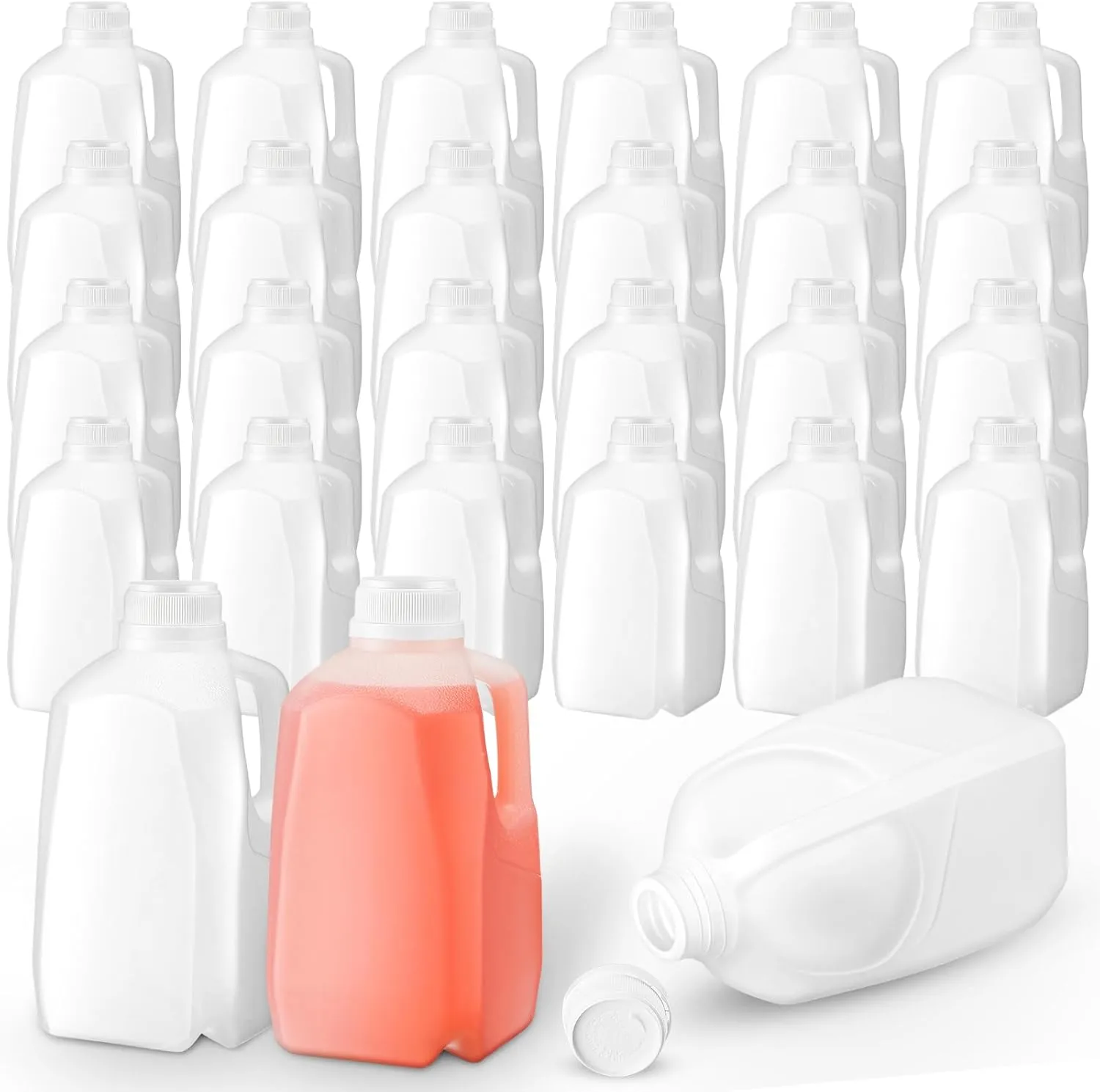 Skylety 24 Pack Mini Milk Jugs Plastic Gallon Jugs with Caps Water Juice Empty HDPE Soda Bottles Gallon Containers for Liquids Smoothies Tea(32 oz,White)