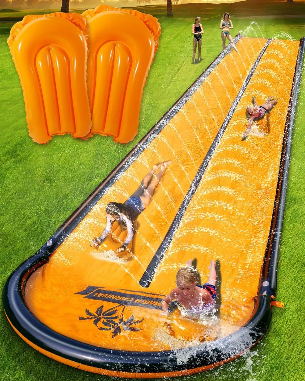 Slip Water and Slide for Kids Adults, Extra Long Backyard Water Slide with Pool and 2 Inflatable Bodyboards, Summer Outdoor Games Water Toys
