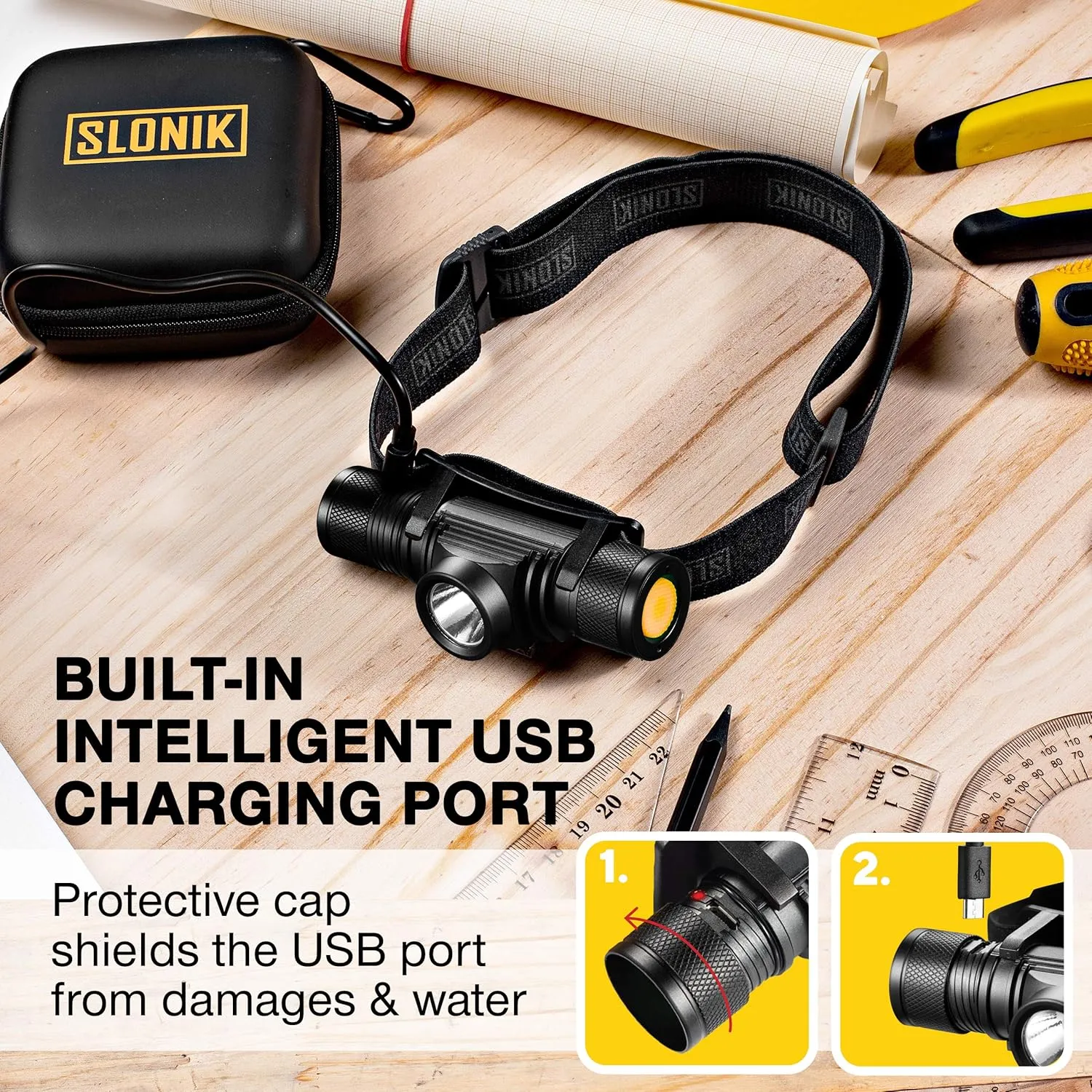 SLONIK Rechargeable Headlamp Flashlight - 500 Lumens Ultra Bright Headlight - IPX4 Waterproof Head Lamp Light for Outdoor Running, Hiking Gear, Hard Hat Helmet - Camping Accessories for Adults, Black